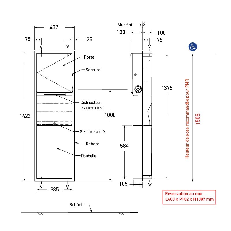 Recessed wall-mounted stainless steel combo with roll paper towel dispenser and waste bin