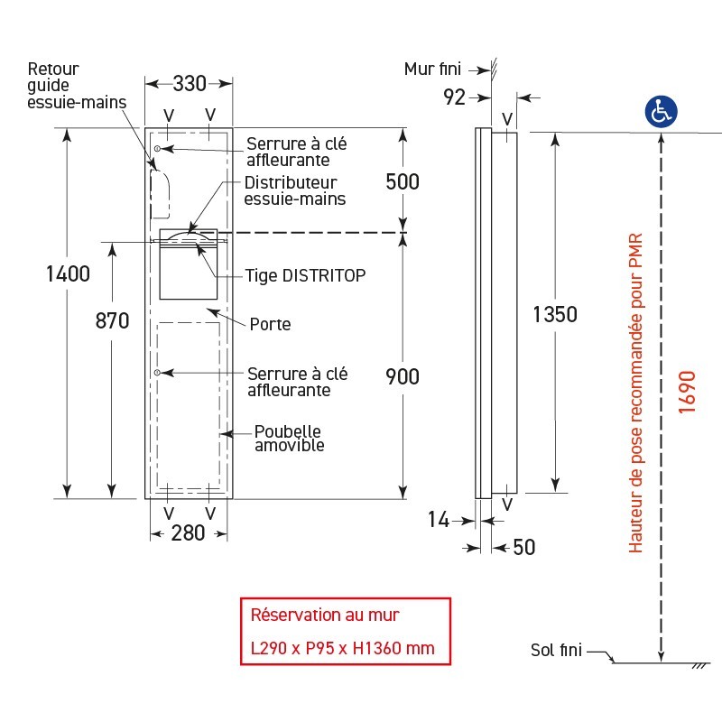 Combinado semi-empotrado inox dispensador toallas y papelera - SUPRATECH