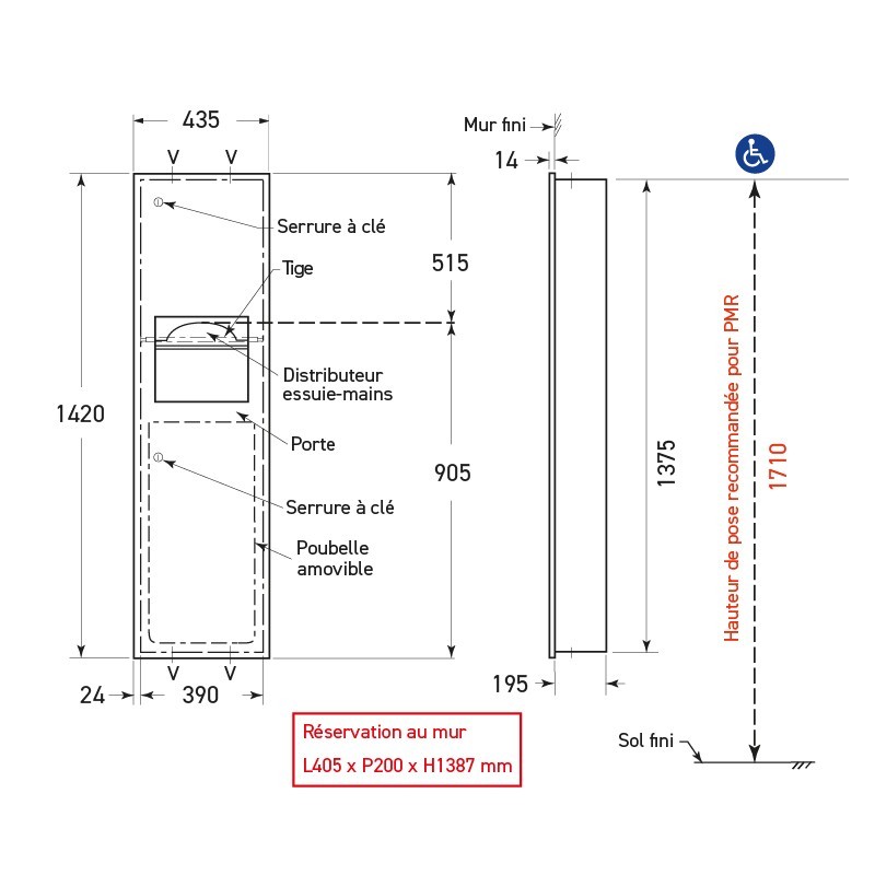 Recessed stainless steel unit with paper towel dispenser and receptacle
