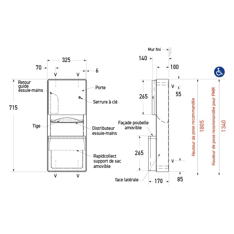 Combinado de pared inox NOVA dispensador toallas y papelera - SUPRATECH