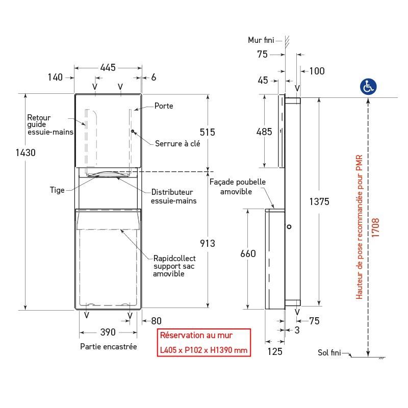 Combi encastré NOVA distributeur papier main et réceptacle design