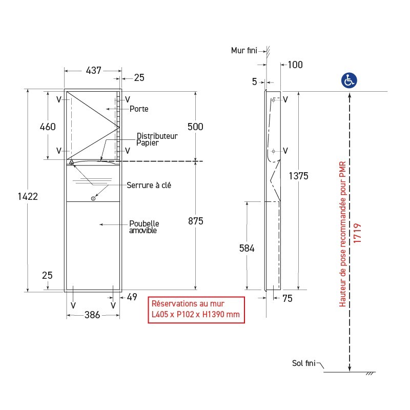 Combiné encastré inox papier essuie-mains et poubelle interchangeables