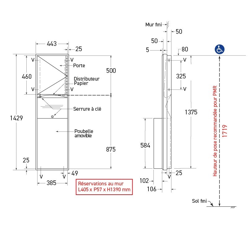 Convertible semi-recessed stainless steel paper dispenser and waste bin combo unit