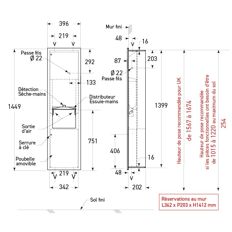Combiné inox encastré 3en1 PMR papier, sèche-mains et poubelle