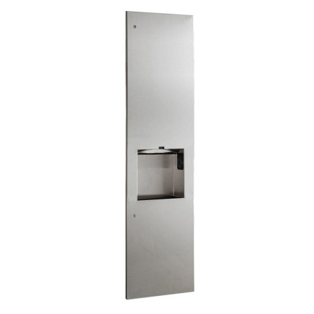 Recessed brushed stainless steel unit with paper towel dispenser, hand dryer, and waste bin