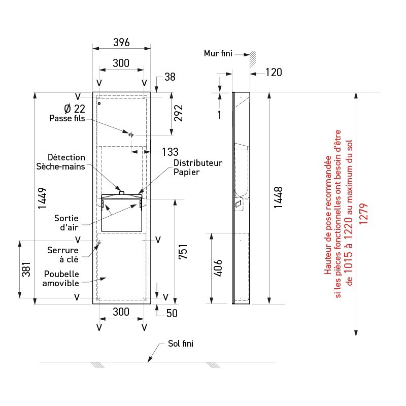 Combiné mural PMR inox 3en1 papier sèche-mains et poubelle