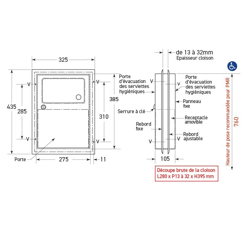 Stainless steel wall-mounted feminine hygiene waste bin for flush-mounted installation on partition wall