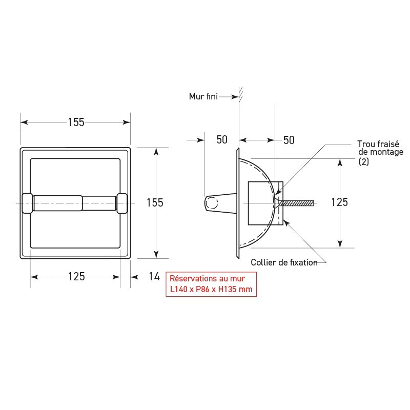 Porte-rouleau encastré pour papier WC en inox