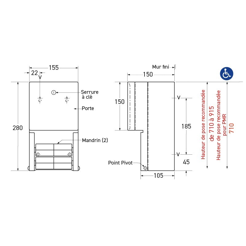 Wall-mounted double-roll toilet paper dispenser in stainless steel