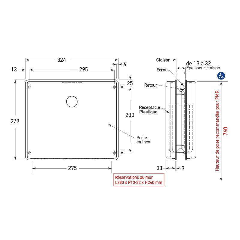 NOVA stainless steel recessed feminine hygiene bin, dual-sided for partition walls