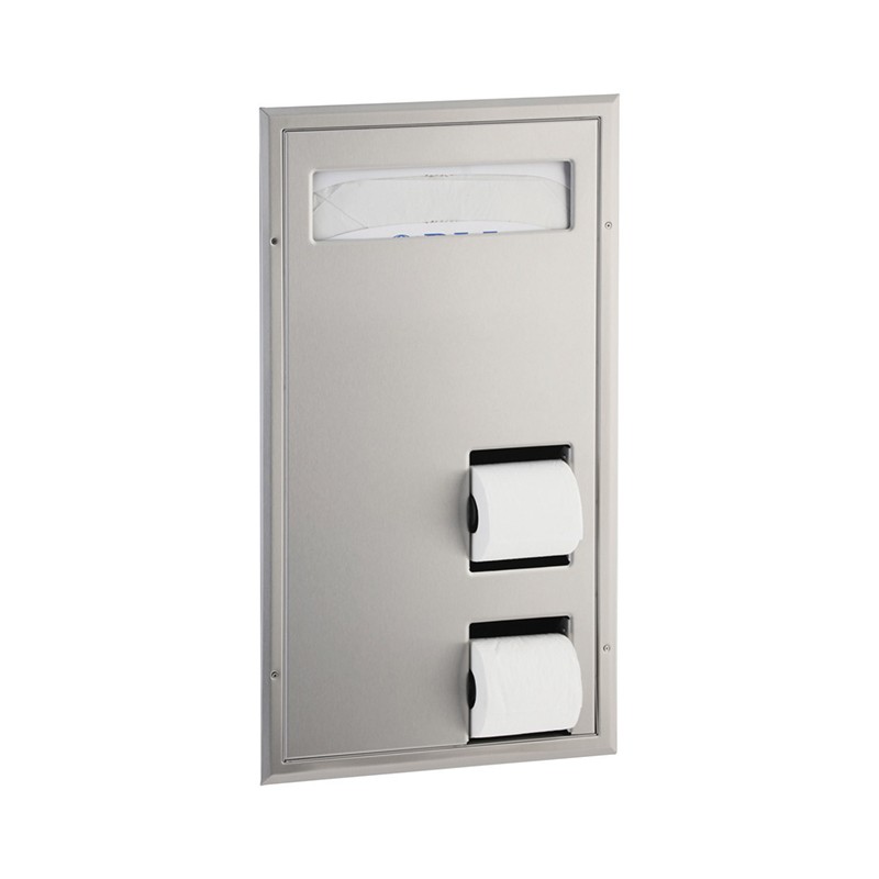Photo Distributeur de couvre-sièges WC et double porte-rouleau encastré sur cloison de séparation en inox BO-34715