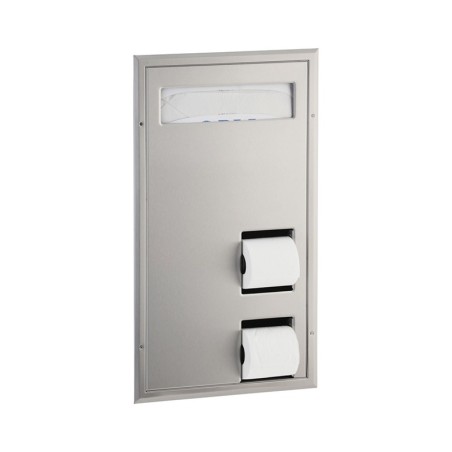 Distributeur de couvre-sièges WC et double porte-rouleau encastré sur cloison de séparation en inox