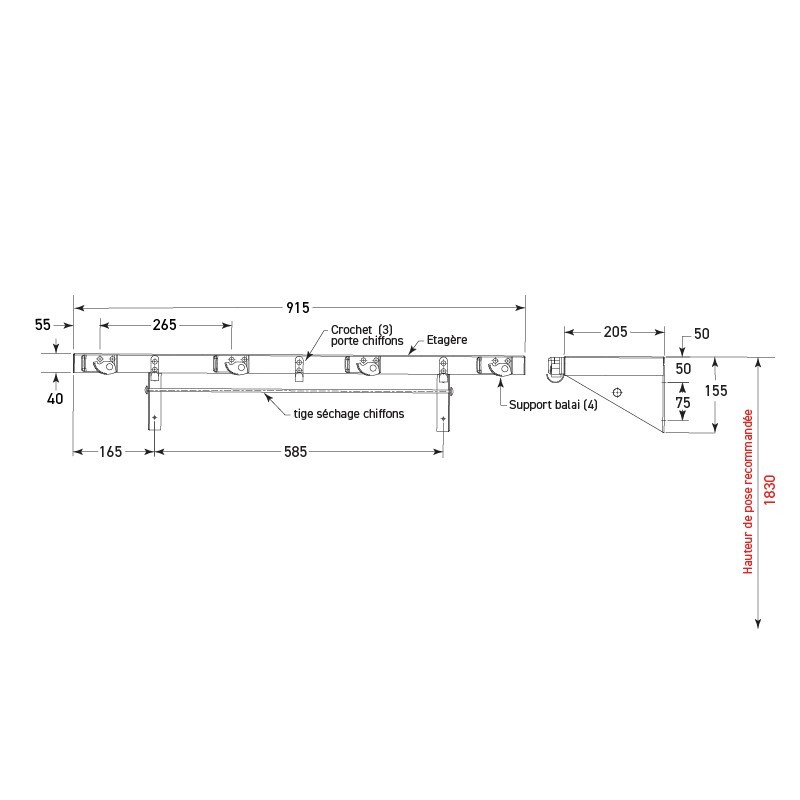 Stainless steel shelf with broom and rag holder, and drying rod