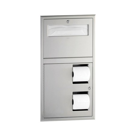 Combiné inox distributeur de couvre-sièges WC et double porte-rouleau encastré