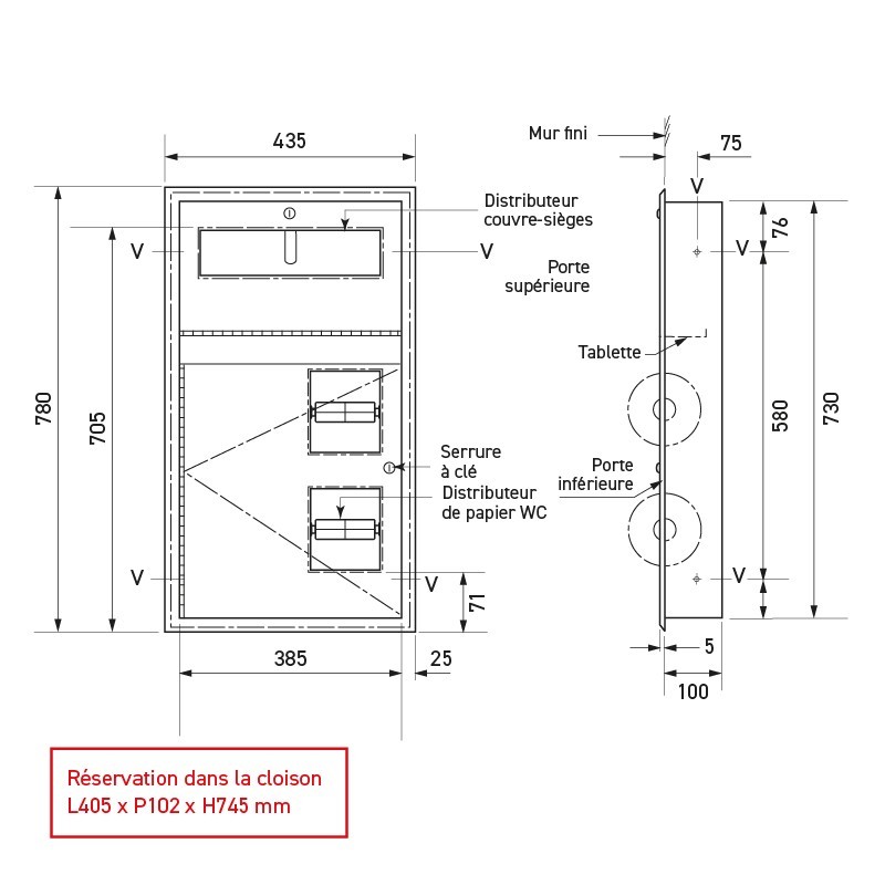 Combiné inox distributeur de couvre-sièges WC et double porte-rouleau encastré