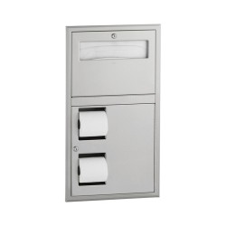 Recessed stainless steel combined toilet seat cover dispenser and double toilet paper roll holder