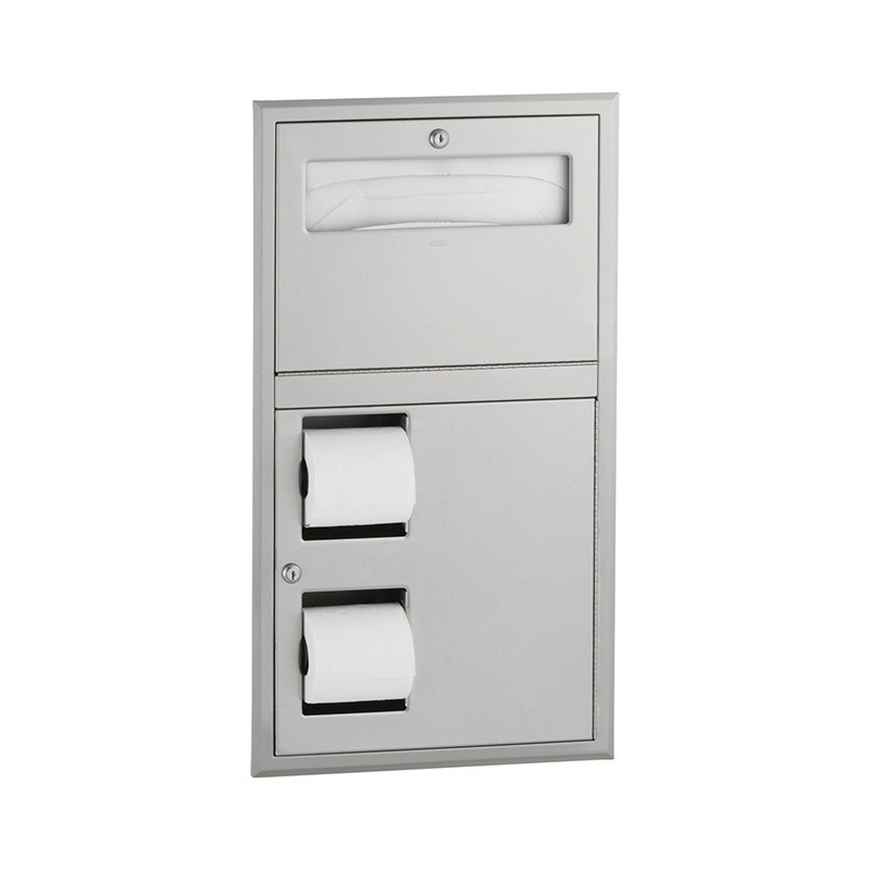 Combiné inox distributeur de couvre-sièges WC et double porte-rouleau encastré Combiné inox distributeur de couvre-sièges WC et double porte-rouleau encastré