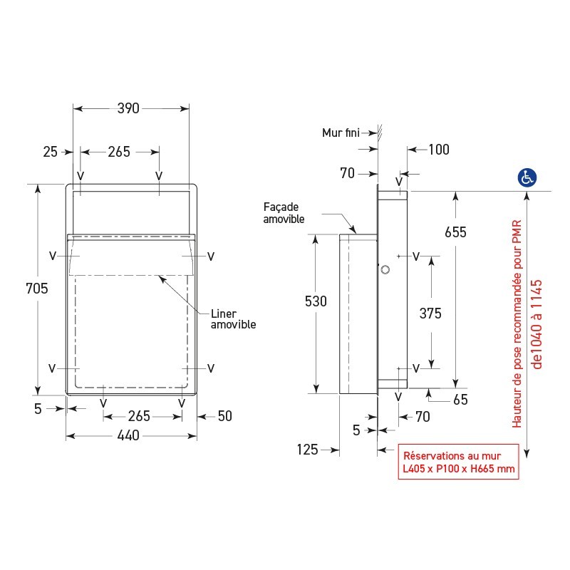 Papelera de pared de diseño inox 48L semiempotrada - SUPRATECH