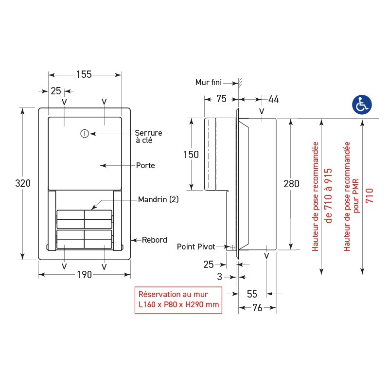NOVA recessed stainless steel double toilet paper dispenser