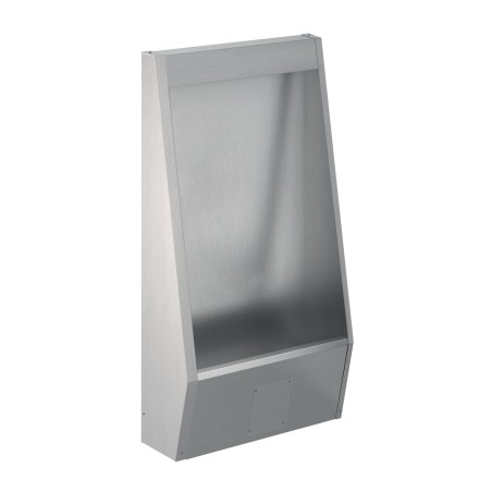 Floor-standing stainless steel urinal stall, trap accessible via service hatch