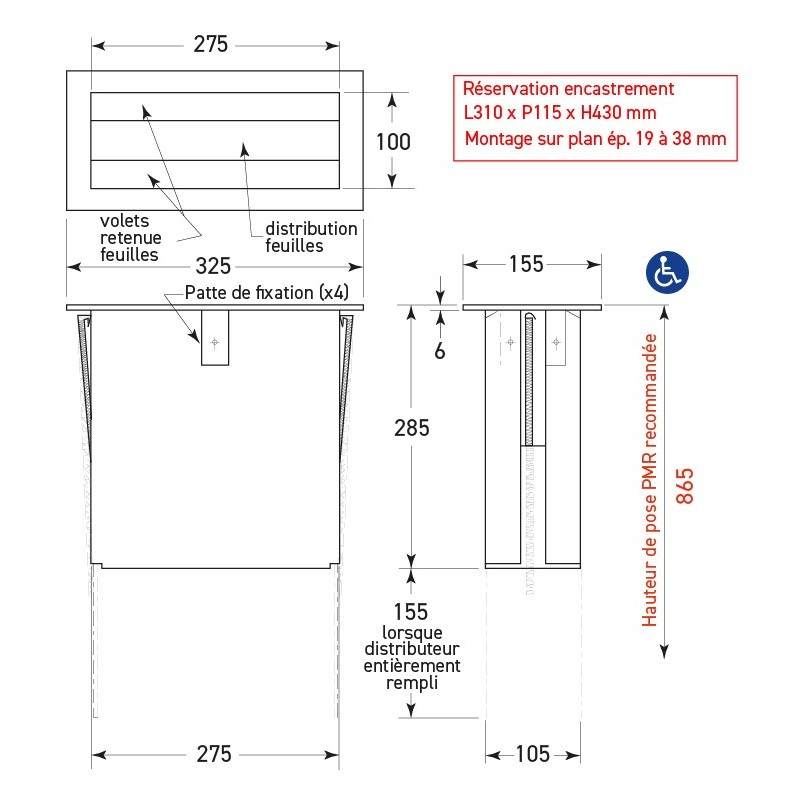 Dispensador de papel secamanos encastado para planos de lavabo - SUPRATECH