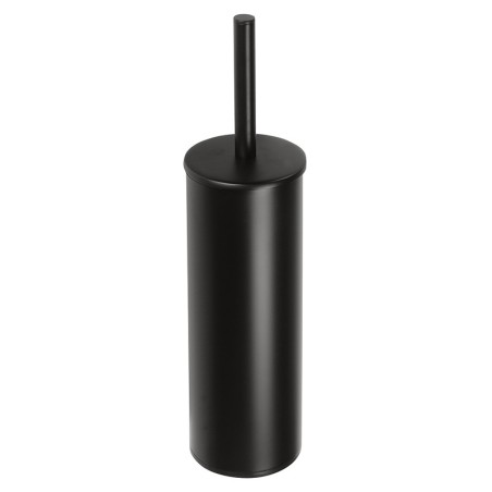 Toilet brush holder with removable container and concealing lid, in brass with matte black finish.