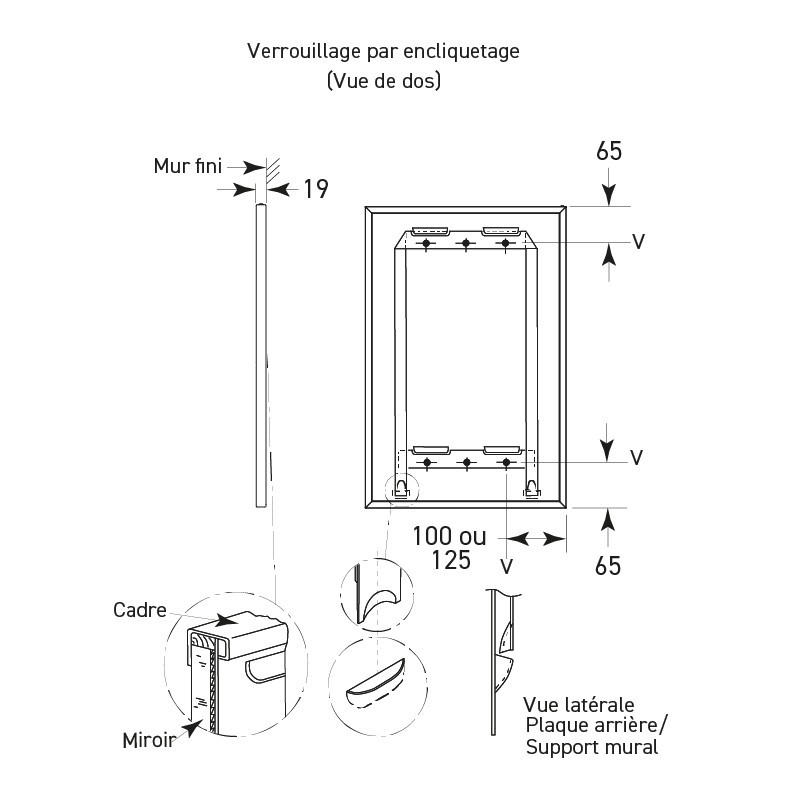 Miroir avec cadre inox soudé fixation dissimulée montage antivol