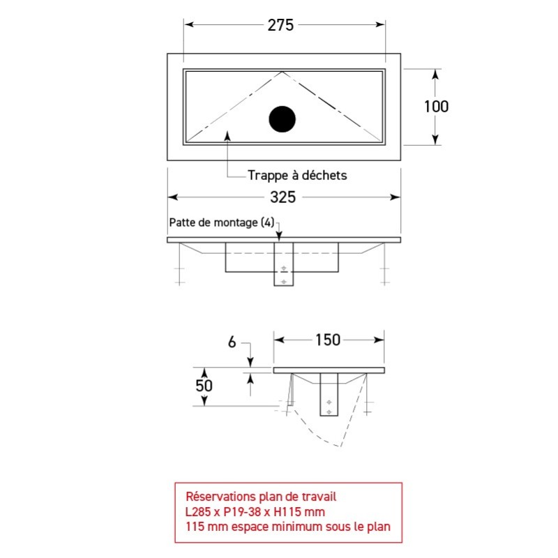 Trappe inox Push à clapet encastrable sur plan horizontal ou vertical