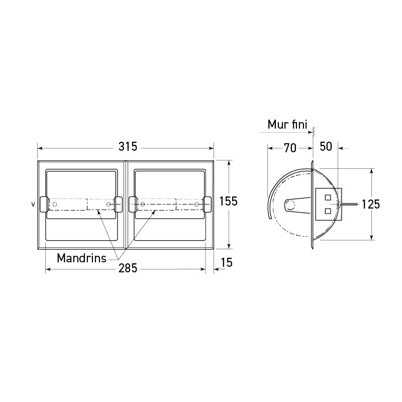 Double porte rouleaux de papier WC standard encastré en inox - SUPRATECH