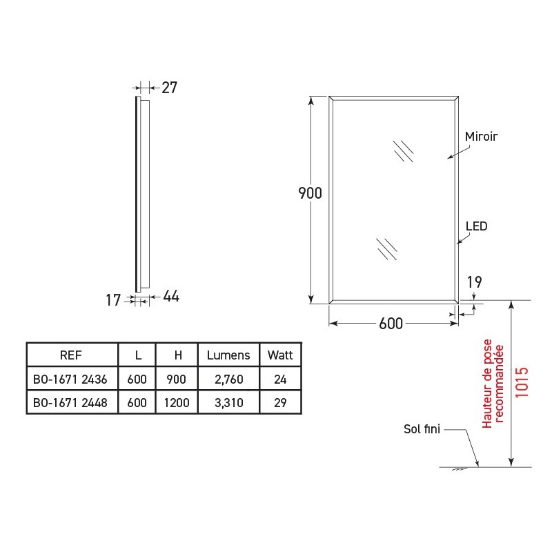 Miroir avec cadre aluminium rétro-éclairé à LED