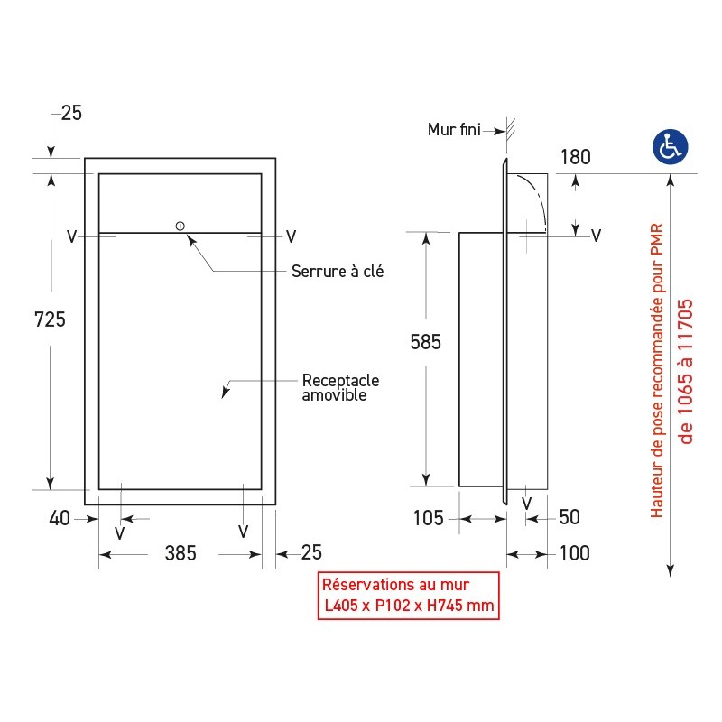 Basura inox mural semiempotrada 45L con receptáculo extraíble - SUPRATECH