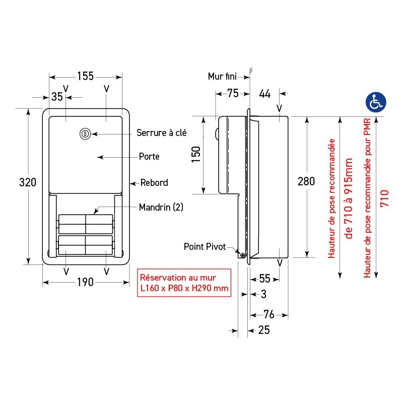 Double recessed stainless steel toilet paper holder for communities - SUPRATECH