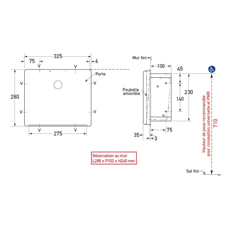 Poubelle encastrée NOVA porte basculante pour hygiène féminine - SUPRATECH