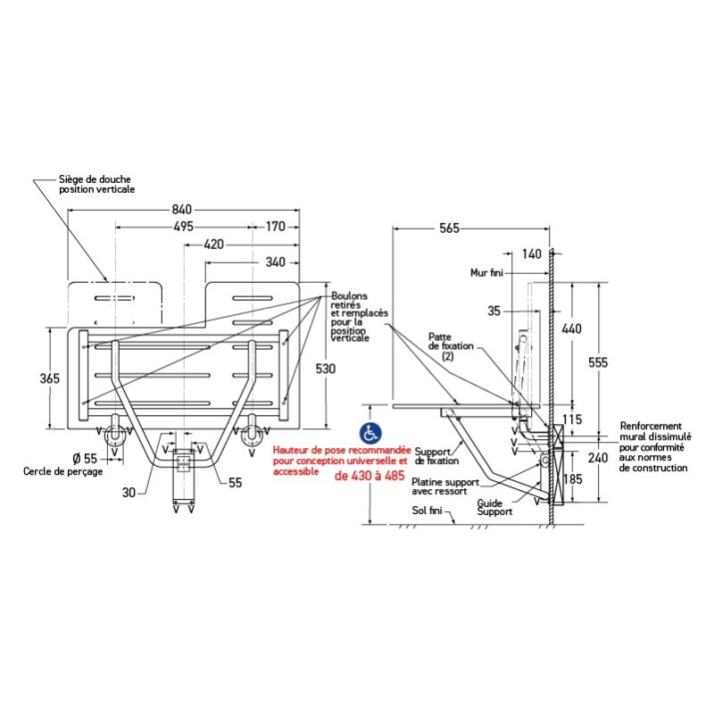 Siège douche large rabattable PMR