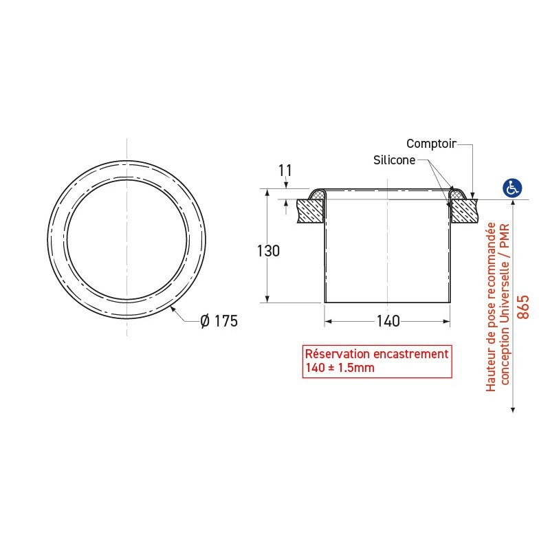Trappe à déchets ronde en inox encastrable sur comptoir - SUPRATECH