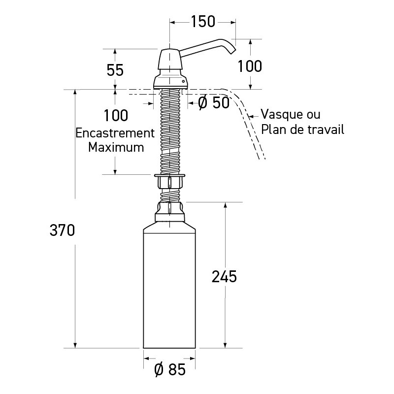 Distributeur savon encastrable inox sur plan à remplissage par le haut