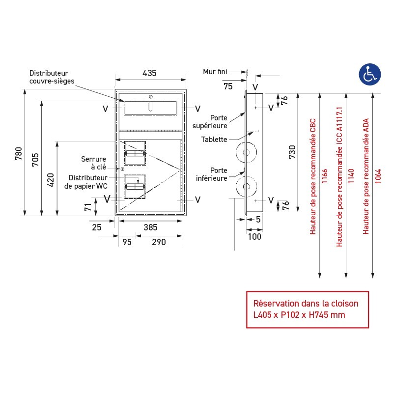 Combiné inox distributeur de couvre-sièges WC et double porte-rouleau encastré Combiné inox distributeur de couvre-sièges WC et double porte-rouleau encastré