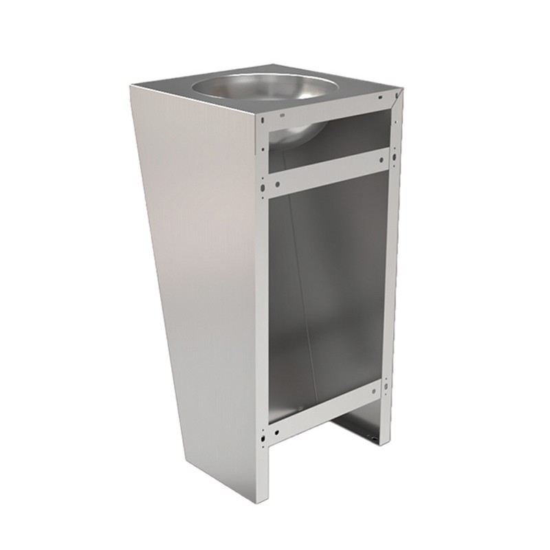 Lave-mains inox sur pied avec fixation robuste au mur et au sol.