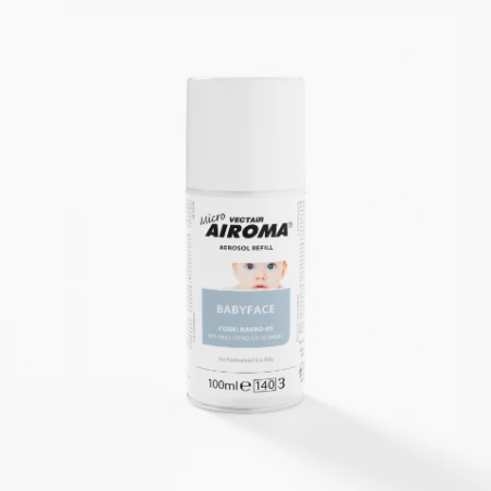 100 ml aerosol can with a pale blue band illustrated with a baby's face