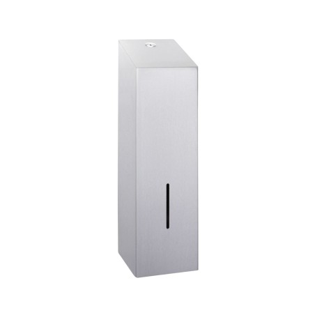 Brushed stainless steel unit, three-quarter view, top lock and dispensing slot