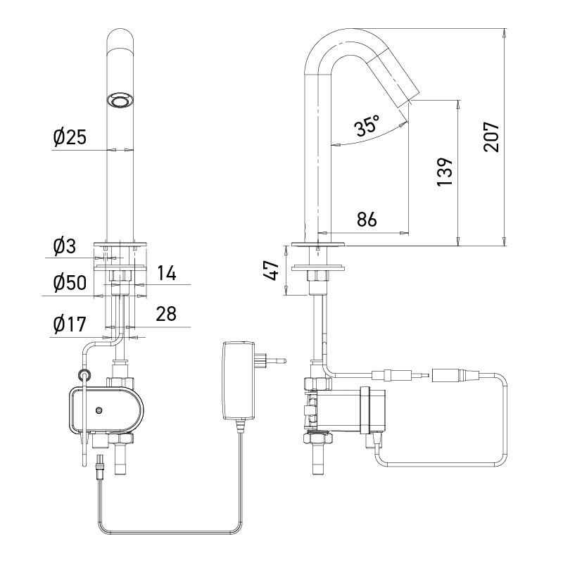 ONE MINI Grifo electrónico con caño de 35° para lavabo, estilo limpio