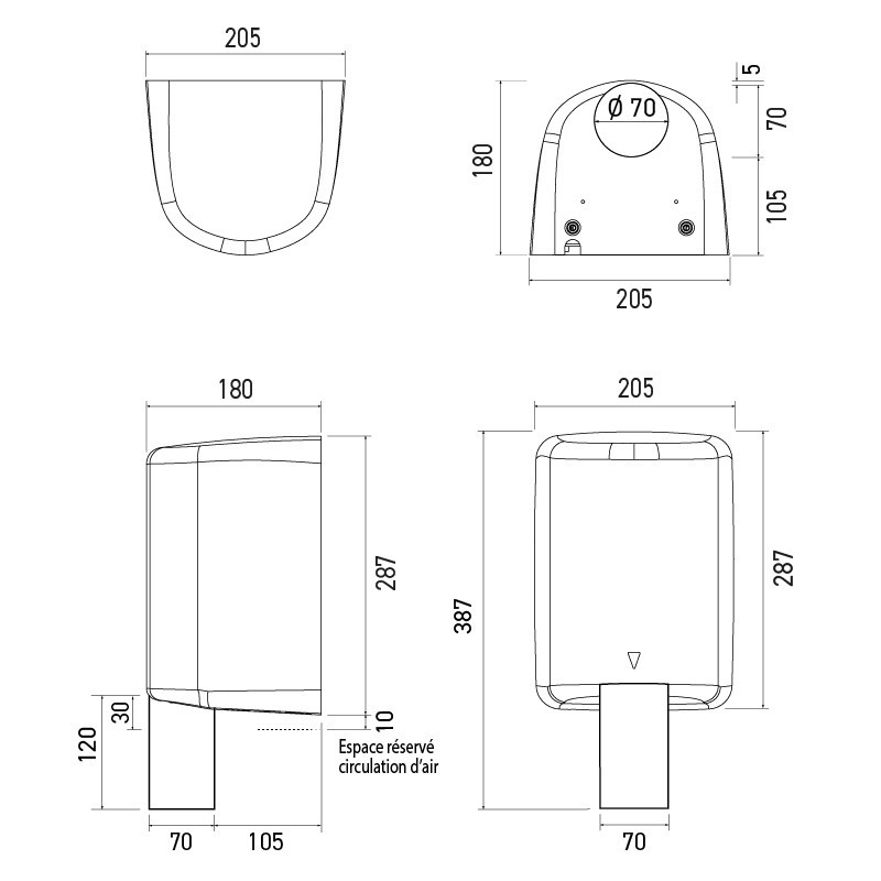 Sèche-mains à intégrer derrière miroir avec buse verticale inox