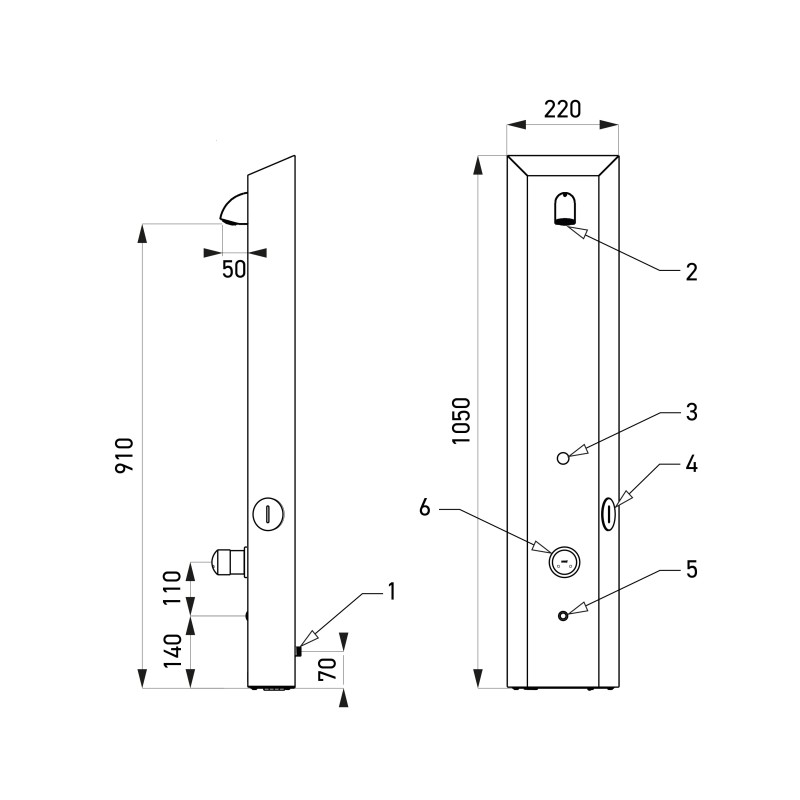 Shower panel in stainless steel with integrated token timer