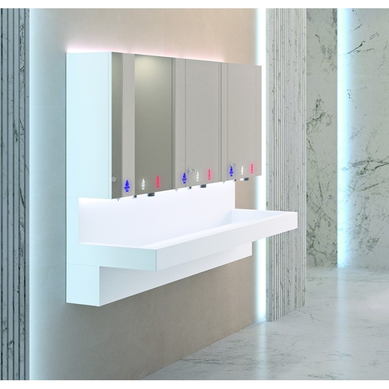 Meuble miroir design HYFLO avec distributeur de savon, robinet automatique et sèche-mains intégrés
