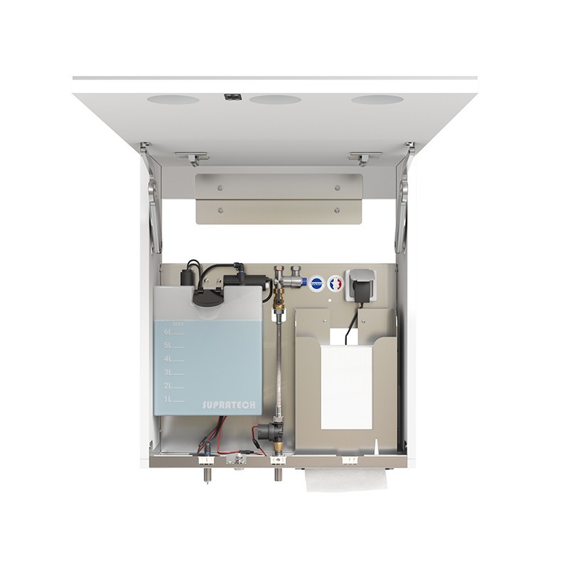 Mirror unit above sink soap, water and hand paper towels