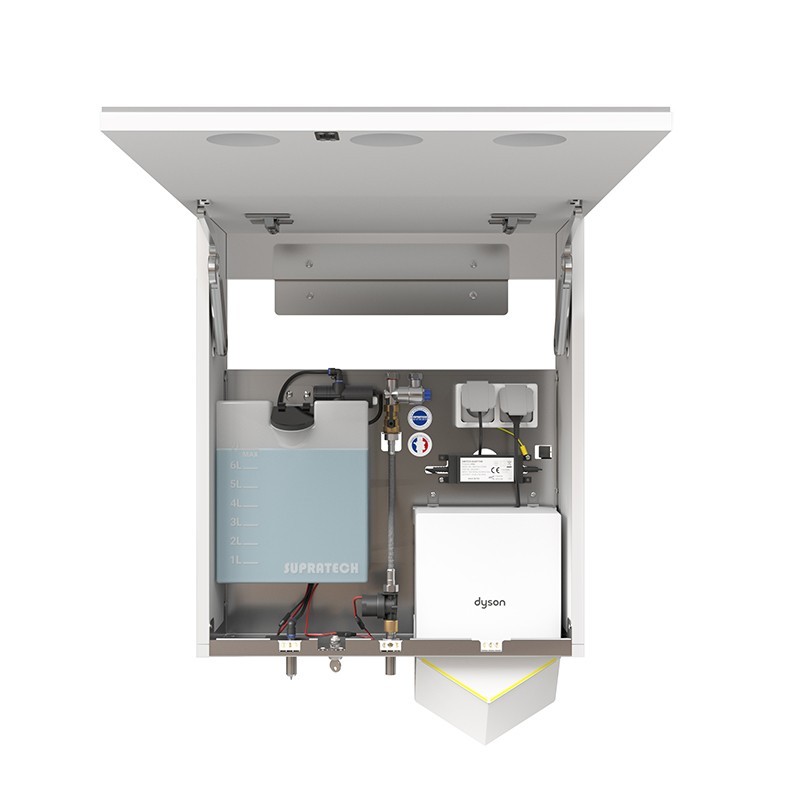 HYFLO cabinet for washbasin with Dysin Airblade V hand dryer behind mirror - SUPRATECH