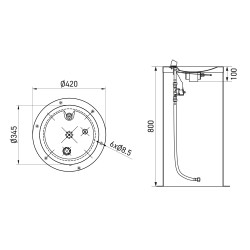 Dimensiones fuente de agua para beber de acero inoxidable con pie Ø345 x H800 mm