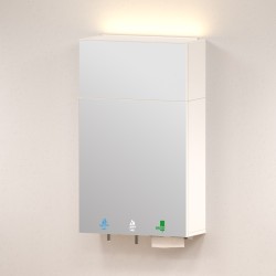 Mirror unit above sink soap, water and hand paper towels