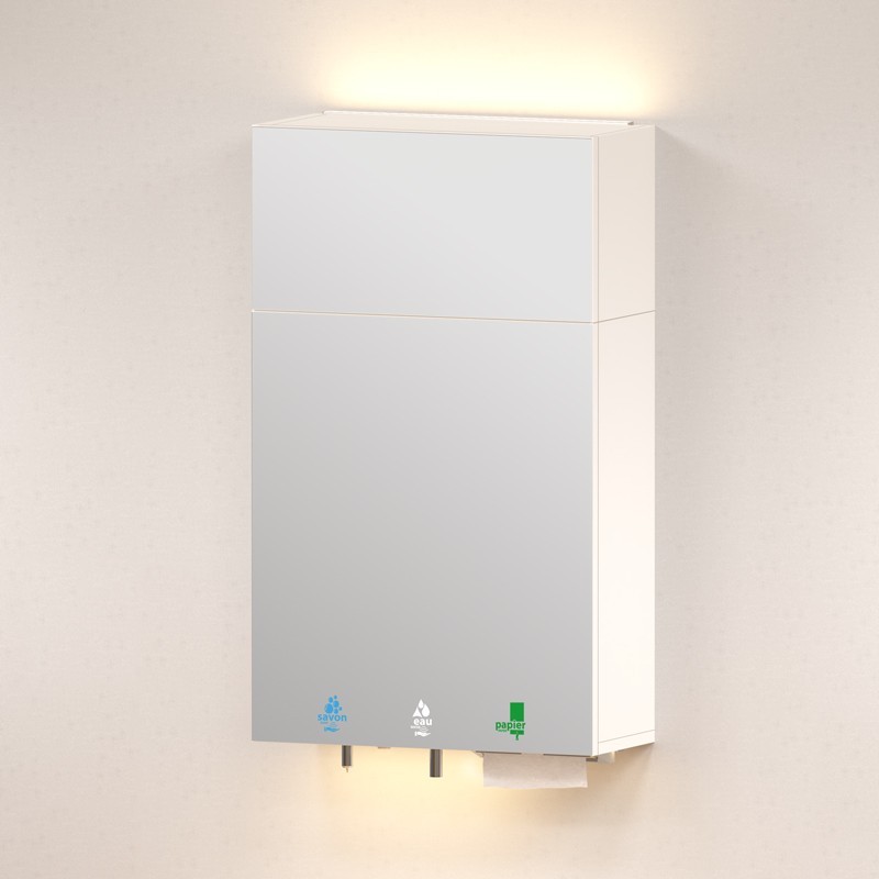 Mirror unit above sink soap, water and hand paper towels