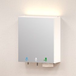 Mirror unit above sink soap, water and hand paper towels